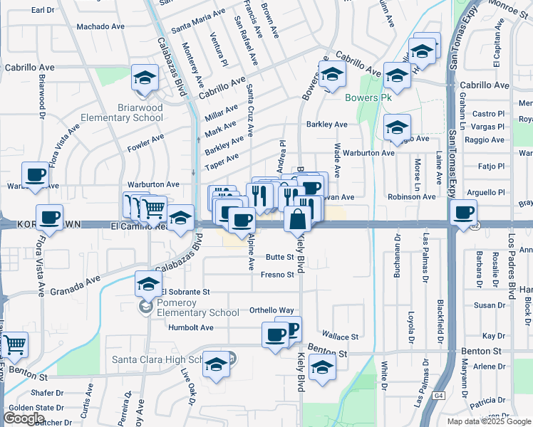 map of restaurants, bars, coffee shops, grocery stores, and more near 2931 El Camino Real in Santa Clara