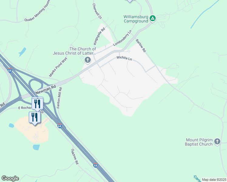 map of restaurants, bars, coffee shops, grocery stores, and more near 107 Alabama Lane in Williamsburg