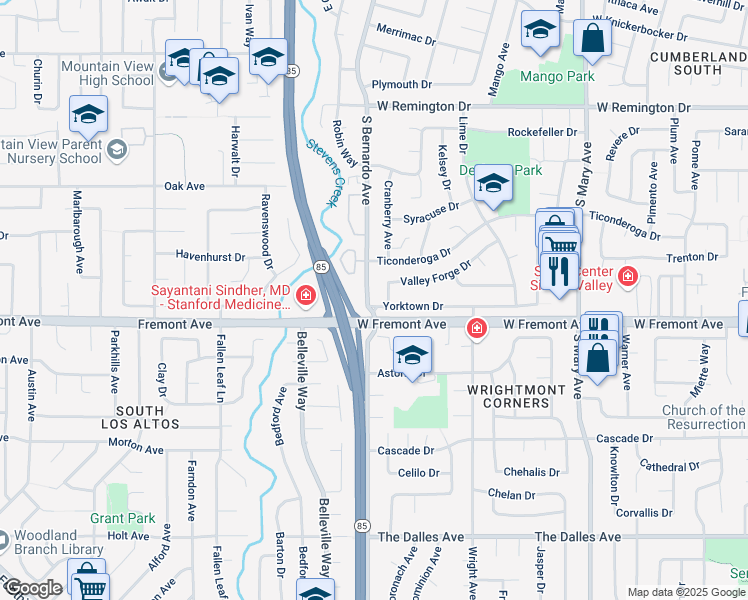 map of restaurants, bars, coffee shops, grocery stores, and more near 1292 South Bernardo Avenue in Sunnyvale