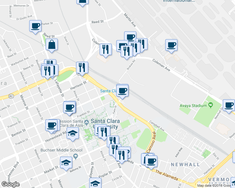 map of restaurants, bars, coffee shops, grocery stores, and more near 474 Benton Street in Santa Clara
