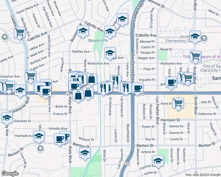 map of restaurants, bars, coffee shops, grocery stores, and more near 2585 California 82 in Santa Clara