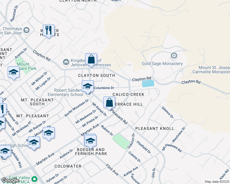 map of restaurants, bars, coffee shops, grocery stores, and more near 3607 Eastridge Drive in San Jose