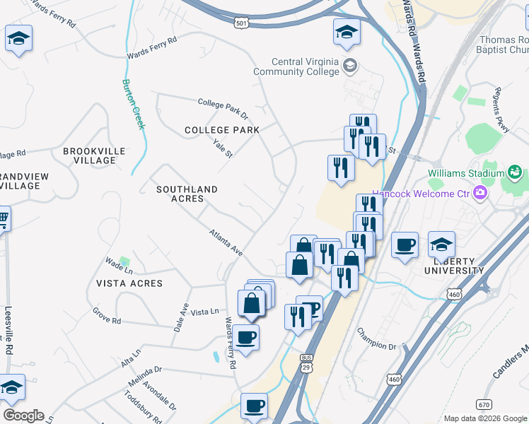 map of restaurants, bars, coffee shops, grocery stores, and more near 1307 Wards Ferry Rd in Lynchburg