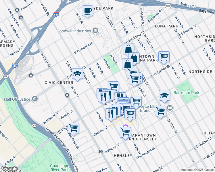 map of restaurants, bars, coffee shops, grocery stores, and more near 771 North 6th Street in San Jose