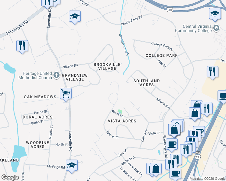 map of restaurants, bars, coffee shops, grocery stores, and more near 1304 Grove Road in Lynchburg