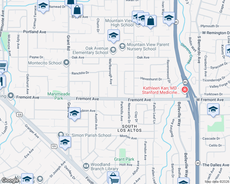 map of restaurants, bars, coffee shops, grocery stores, and more near 1574 Wessex Avenue in Los Altos