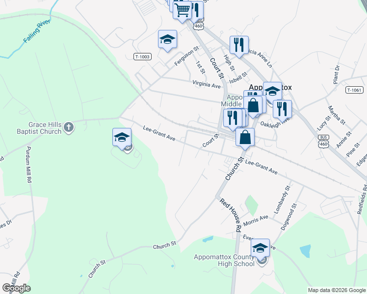 map of restaurants, bars, coffee shops, grocery stores, and more near 490 Lee-Grant Ave in Appomattox