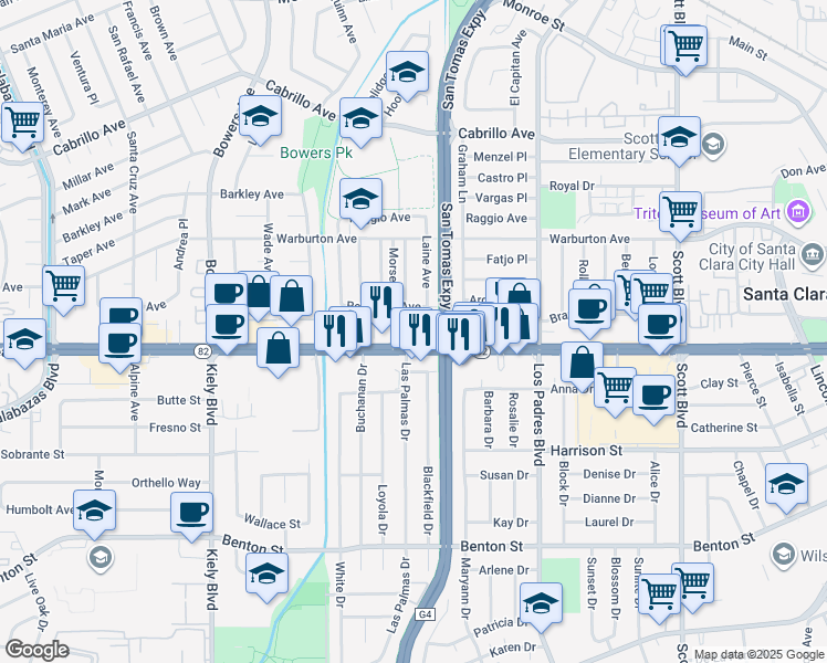 map of restaurants, bars, coffee shops, grocery stores, and more near 2455 East El Camino Real in Santa Clara