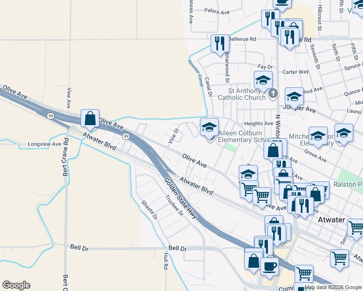 map of restaurants, bars, coffee shops, grocery stores, and more near 1124 Mary Ann Drive in Atwater