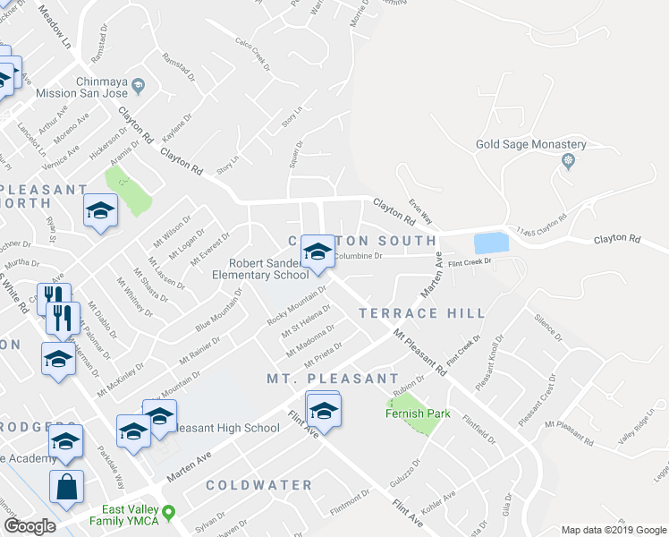 map of restaurants, bars, coffee shops, grocery stores, and more near 1630 Mount Pleasant Road in San Jose