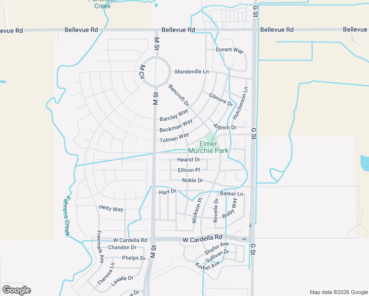 map of restaurants, bars, coffee shops, grocery stores, and more near 4419 Sibley Place in Merced