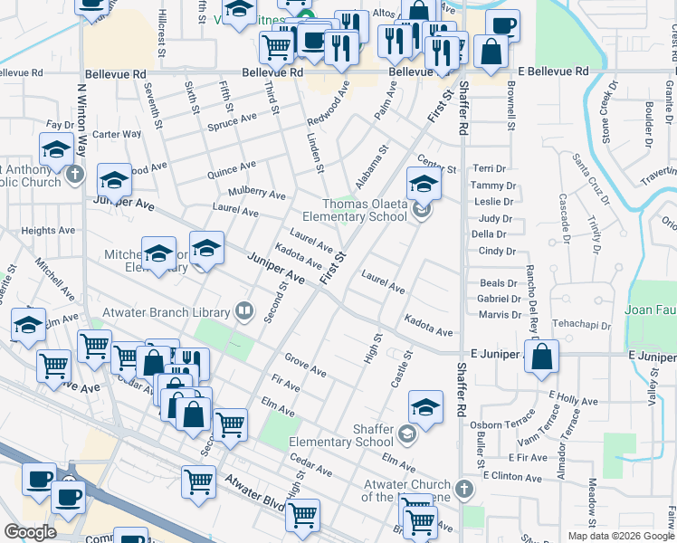 map of restaurants, bars, coffee shops, grocery stores, and more near 2002 First Street in Atwater