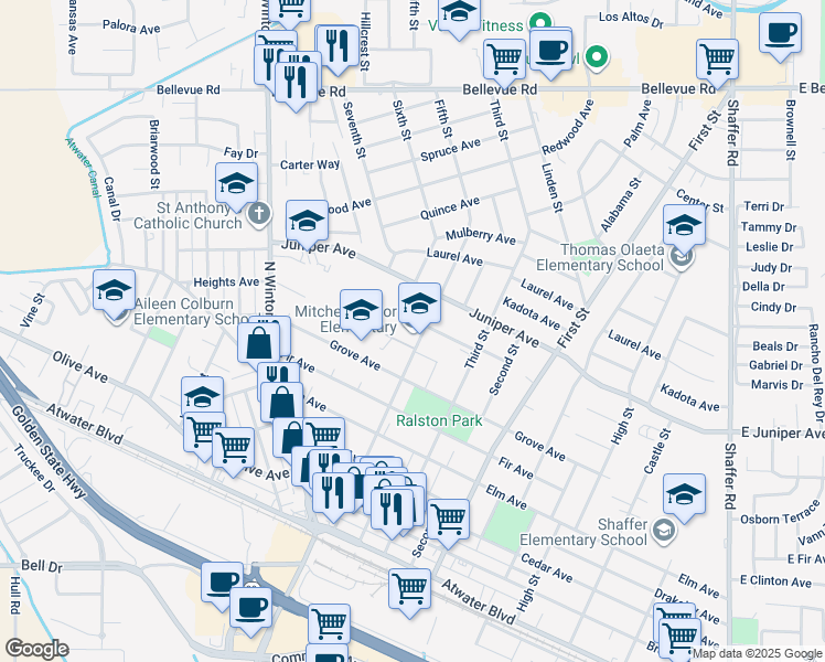 map of restaurants, bars, coffee shops, grocery stores, and more near 1753 Fifth Street in Atwater