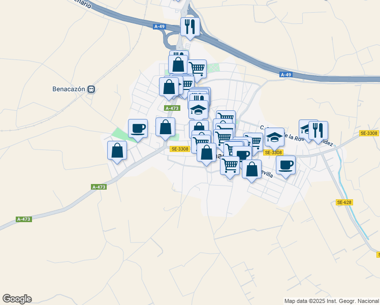 map of restaurants, bars, coffee shops, grocery stores, and more near 47 Calle Real in Benacazón