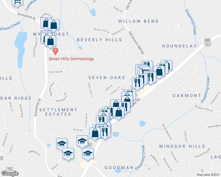 map of restaurants, bars, coffee shops, grocery stores, and more near 107 Bella Court in Lynchburg