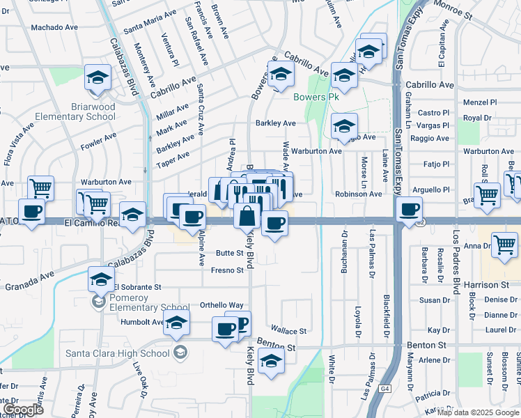 map of restaurants, bars, coffee shops, grocery stores, and more near 2785 El Camino Real in Santa Clara