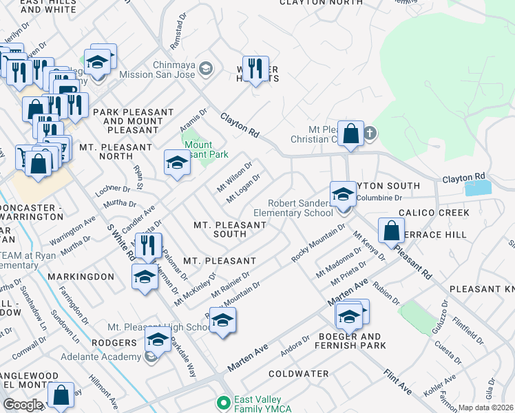 map of restaurants, bars, coffee shops, grocery stores, and more near 1510 Mount Everest Court in San Jose