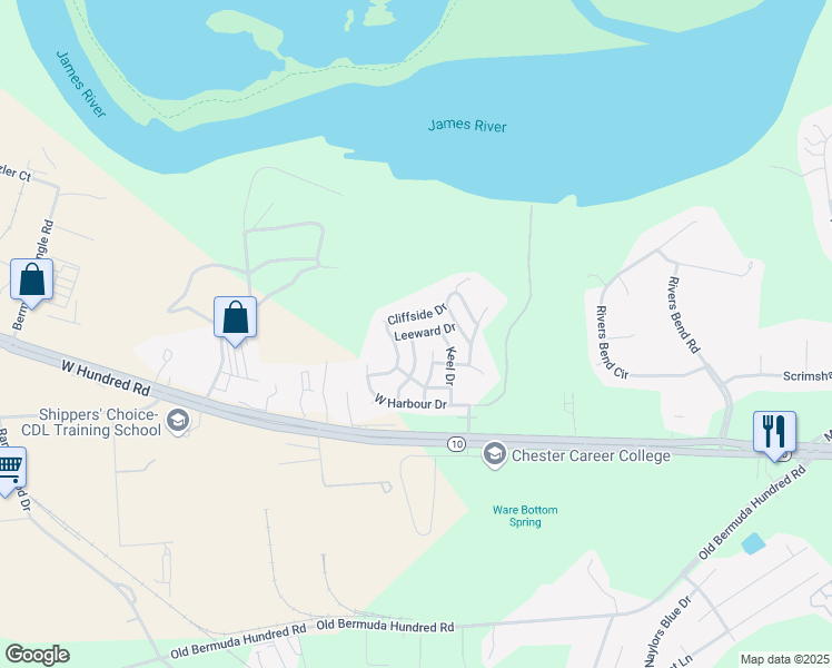 map of restaurants, bars, coffee shops, grocery stores, and more near 900 Leeward Drive in Chester