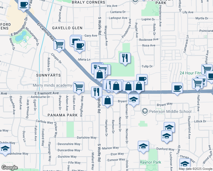 map of restaurants, bars, coffee shops, grocery stores, and more near 915 California 82 in Sunnyvale