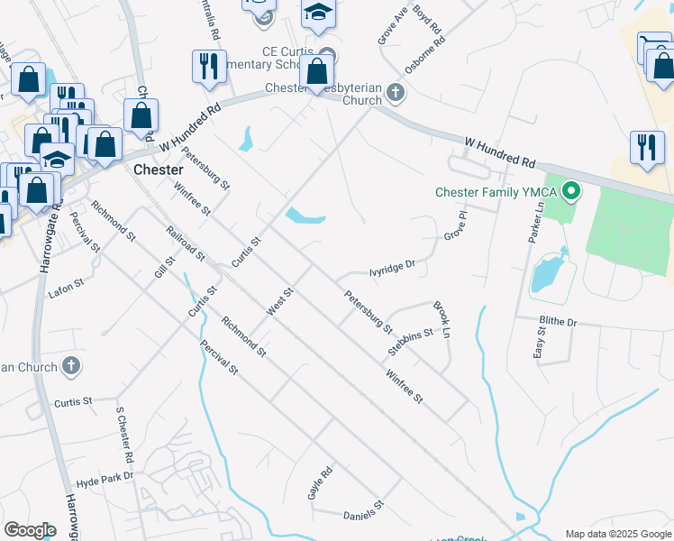 map of restaurants, bars, coffee shops, grocery stores, and more near 3930 Ivyridge Drive in Chester