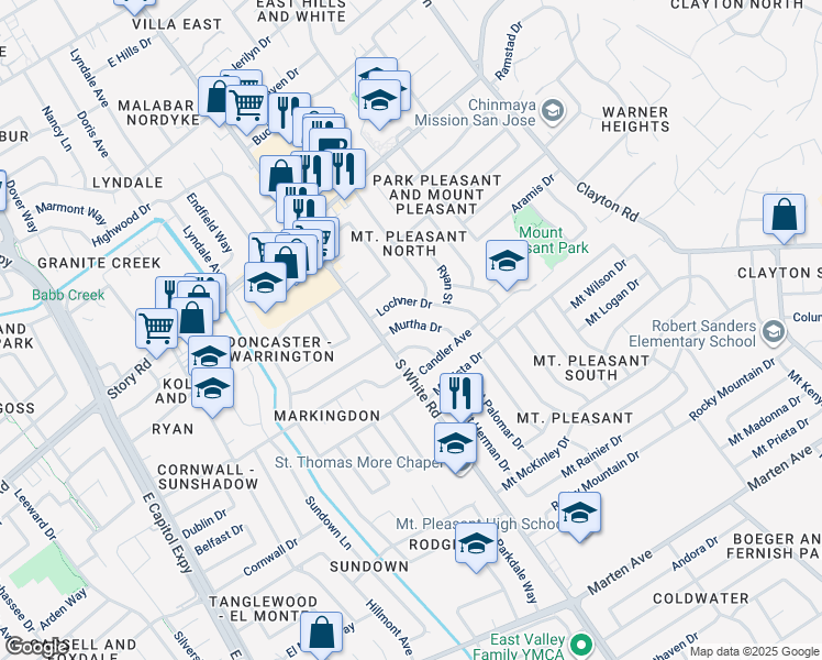 map of restaurants, bars, coffee shops, grocery stores, and more near 10281 Murtha Drive in San Jose
