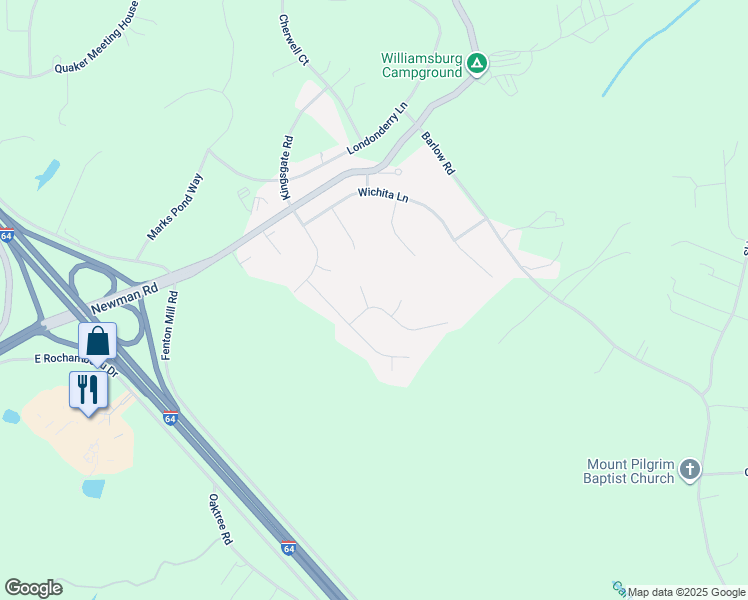 map of restaurants, bars, coffee shops, grocery stores, and more near 105 Chapel Hill Lane in Williamsburg