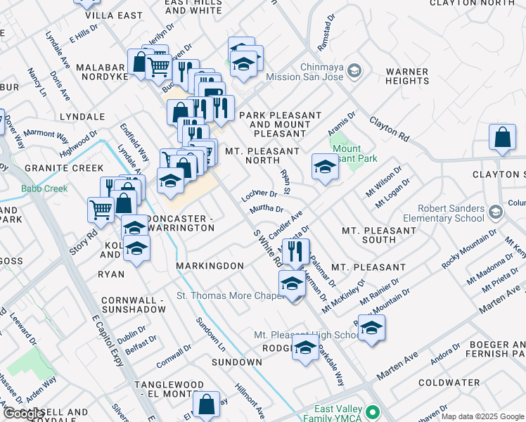map of restaurants, bars, coffee shops, grocery stores, and more near 10281 Murtha Drive in San Jose