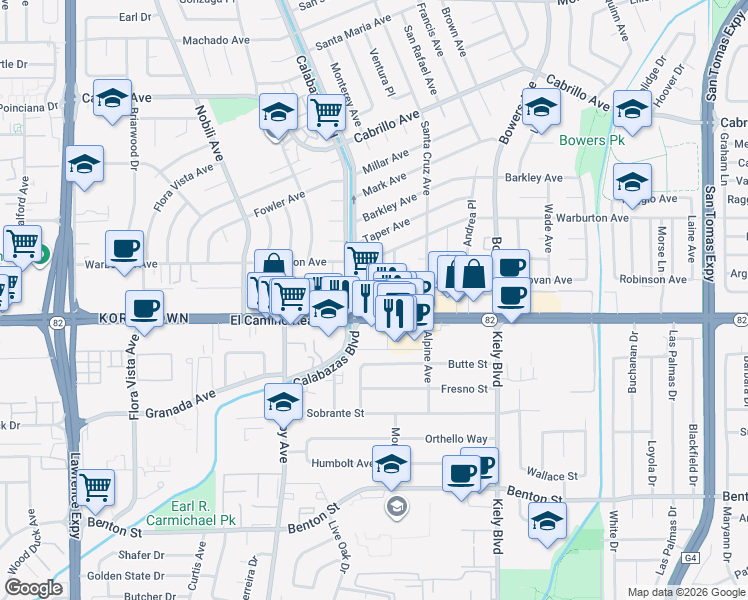 map of restaurants, bars, coffee shops, grocery stores, and more near 3141 El Camino Real in Santa Clara