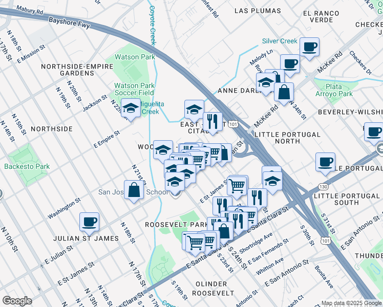 map of restaurants, bars, coffee shops, grocery stores, and more near 380 North 26th Street in San Jose
