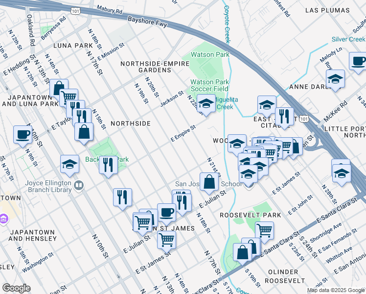 map of restaurants, bars, coffee shops, grocery stores, and more near 474 North 19th Street in San Jose