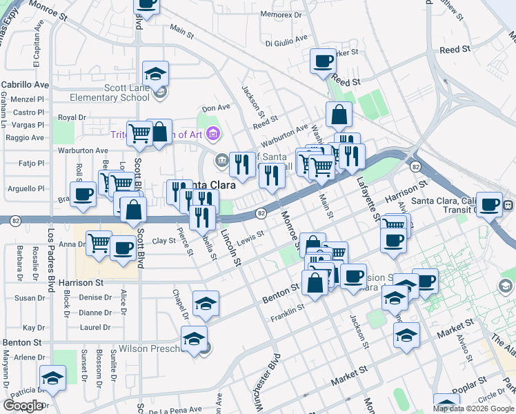 map of restaurants, bars, coffee shops, grocery stores, and more near 1363 East El Camino Real in Santa Clara