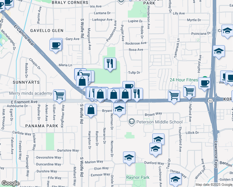 map of restaurants, bars, coffee shops, grocery stores, and more near 965 East El Camino Real in Sunnyvale