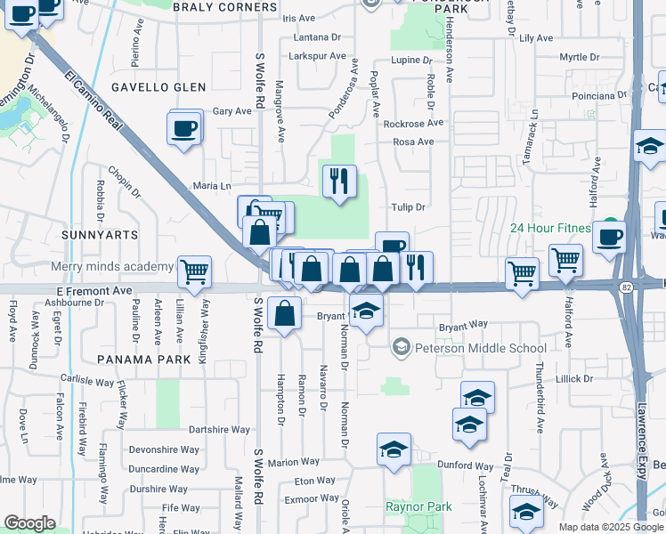 map of restaurants, bars, coffee shops, grocery stores, and more near 965 East El Camino Real in Sunnyvale