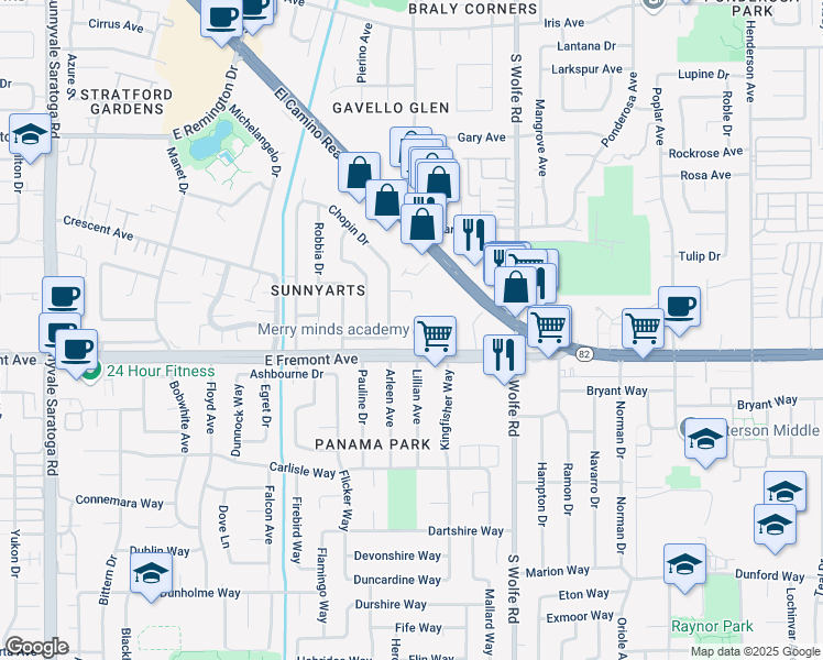 map of restaurants, bars, coffee shops, grocery stores, and more near 1266 Van Dyck Drive in Sunnyvale