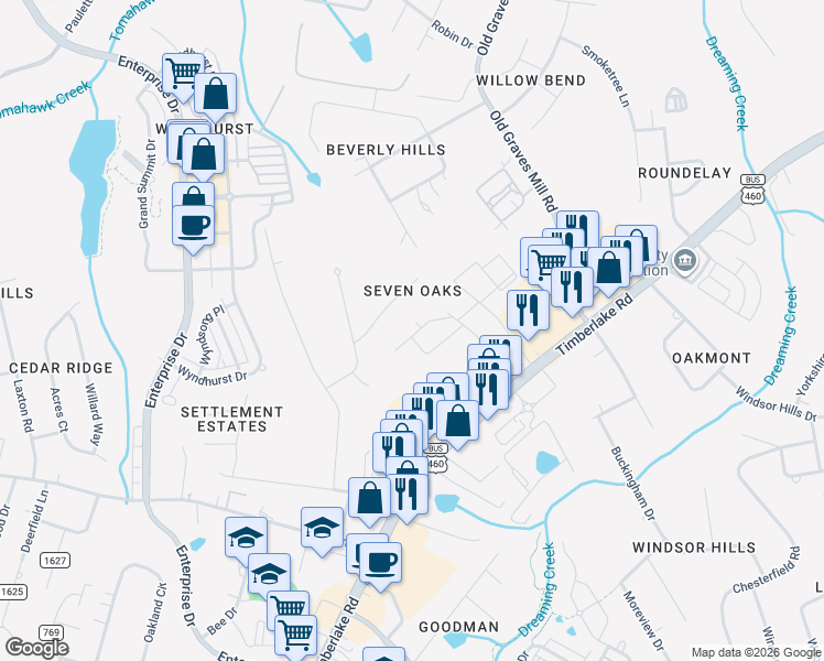 map of restaurants, bars, coffee shops, grocery stores, and more near 107 Bella Court in Lynchburg