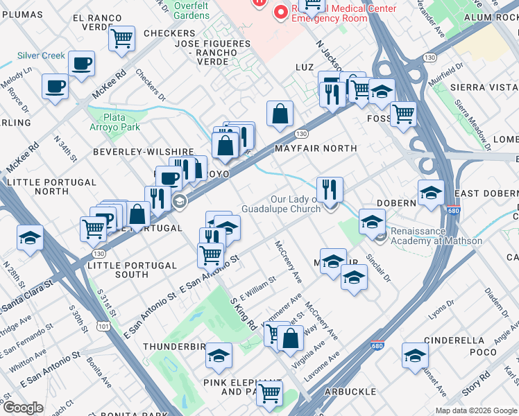 map of restaurants, bars, coffee shops, grocery stores, and more near 1920 Stowe Avenue in San Jose