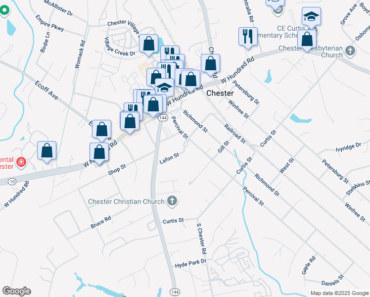 map of restaurants, bars, coffee shops, grocery stores, and more near 4231 Lafon Street in Chester