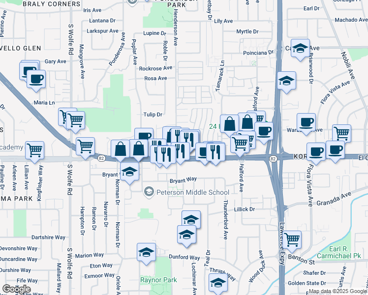 map of restaurants, bars, coffee shops, grocery stores, and more near 1053 East El Camino Real in Sunnyvale