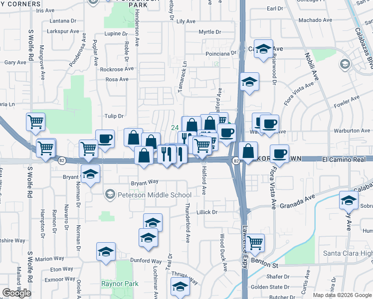 map of restaurants, bars, coffee shops, grocery stores, and more near 1080 Ed Roth Terrace in Sunnyvale