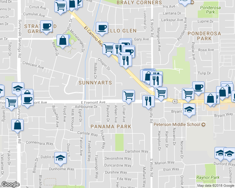 map of restaurants, bars, coffee shops, grocery stores, and more near 1266 Van Dyck Drive in Sunnyvale
