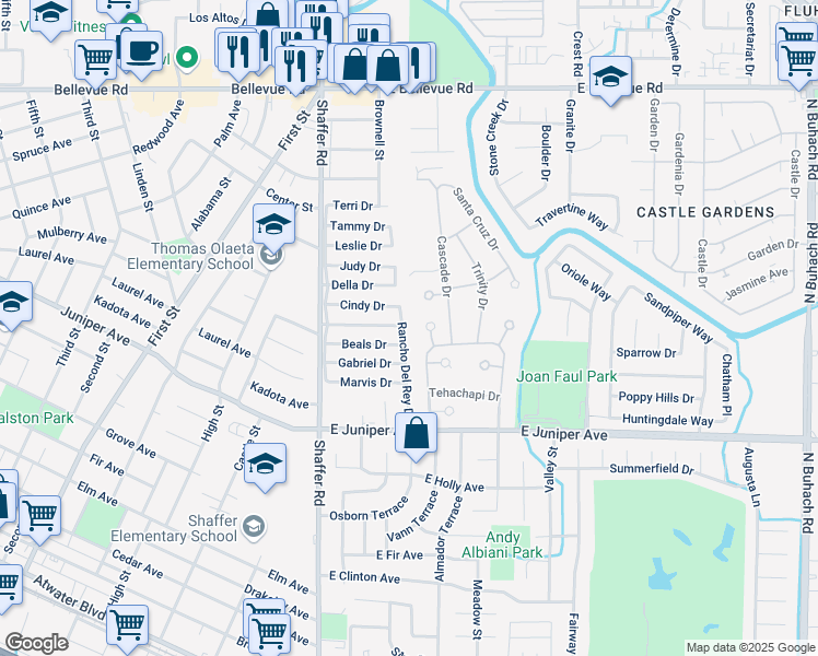 map of restaurants, bars, coffee shops, grocery stores, and more near 2120 Rancho Del Rey Drive in Atwater