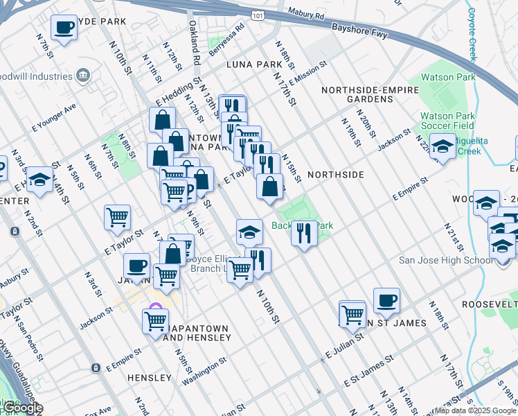 map of restaurants, bars, coffee shops, grocery stores, and more near South 12th Street in San Jose