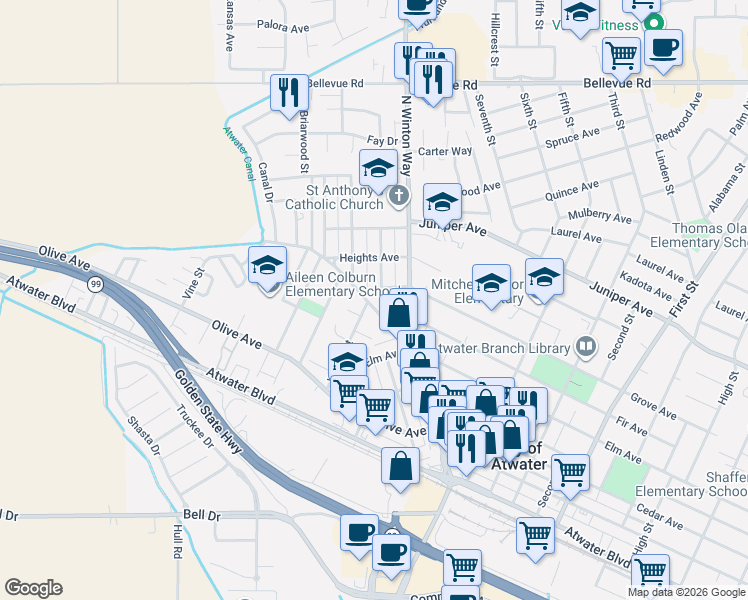 map of restaurants, bars, coffee shops, grocery stores, and more near 1935 Mitchell Avenue in Atwater