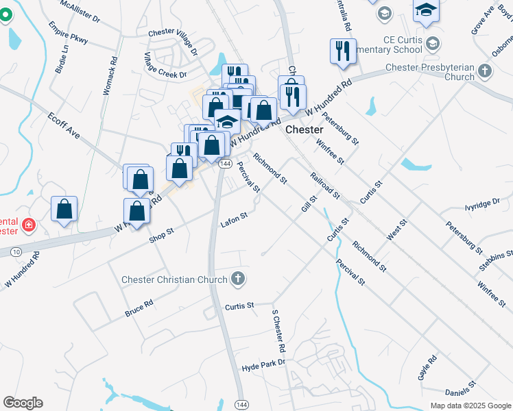 map of restaurants, bars, coffee shops, grocery stores, and more near 4231 Lafon Street in Chester