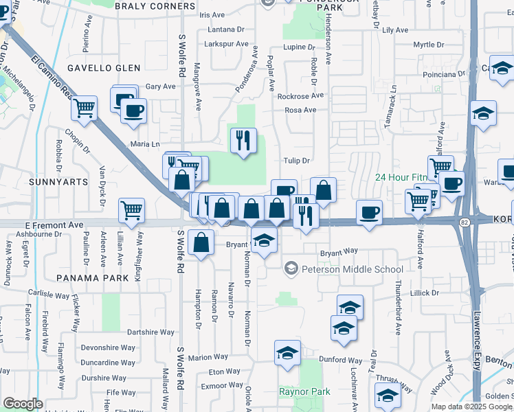 map of restaurants, bars, coffee shops, grocery stores, and more near 979 Pinto Palm Terrace in Sunnyvale