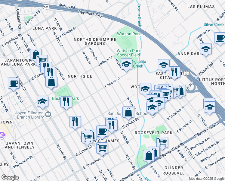 map of restaurants, bars, coffee shops, grocery stores, and more near 474 North 19th Street in San Jose