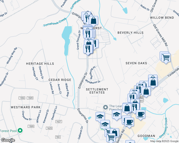 map of restaurants, bars, coffee shops, grocery stores, and more near 114 Wyndsong Place in Lynchburg