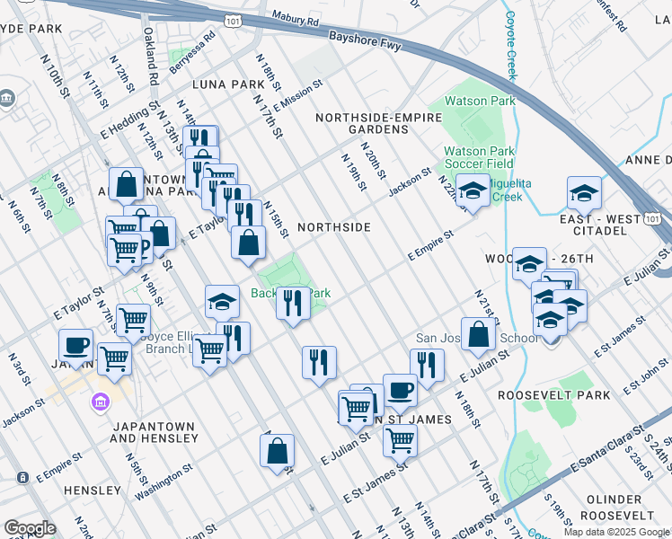 map of restaurants, bars, coffee shops, grocery stores, and more near 542 North 16th Street in San Jose