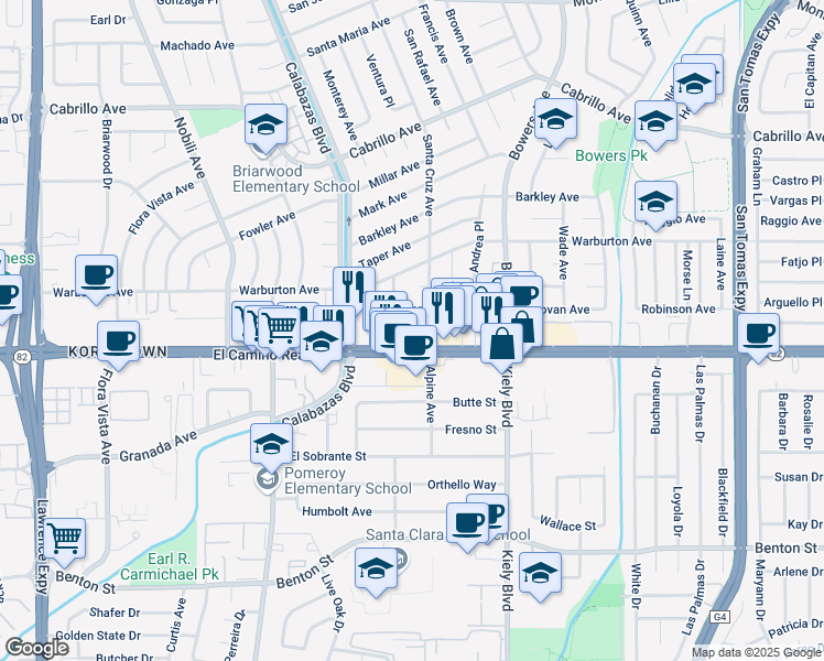 map of restaurants, bars, coffee shops, grocery stores, and more near 3033 El Camino Real in Santa Clara