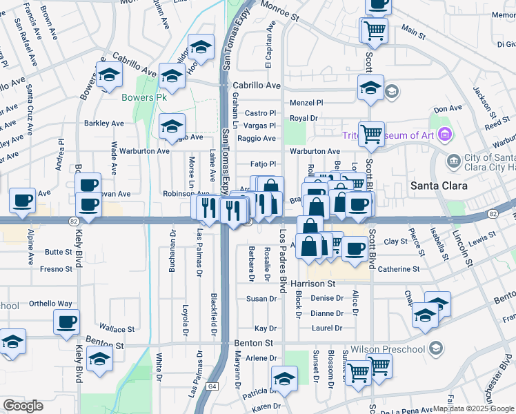 map of restaurants, bars, coffee shops, grocery stores, and more near 2340 Bray Avenue in Santa Clara